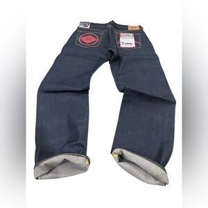 Vtg Evisu seldvage denim with red painting‎ on the pockets